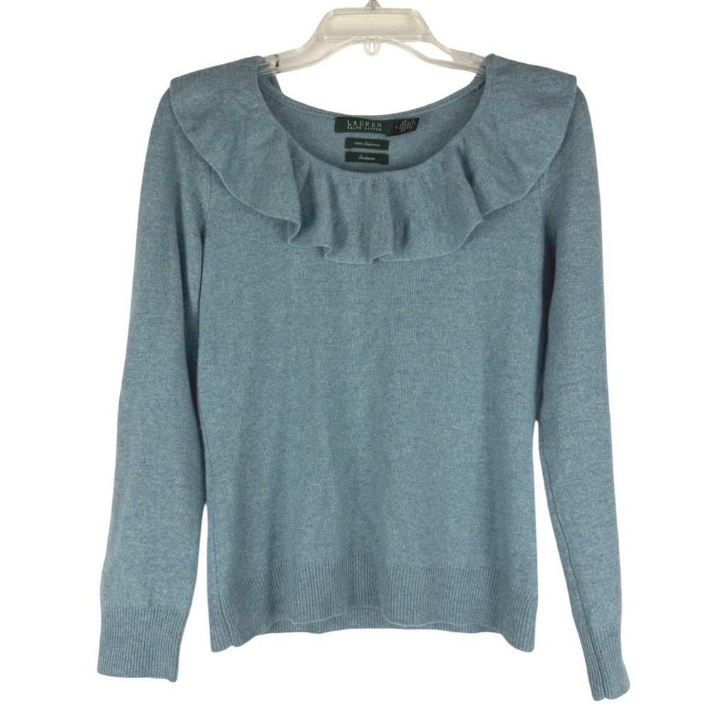 Lauren Ralph Lauren‎ Exclusive 100% Cashmere Sweater Green/Blue Ruffled Women